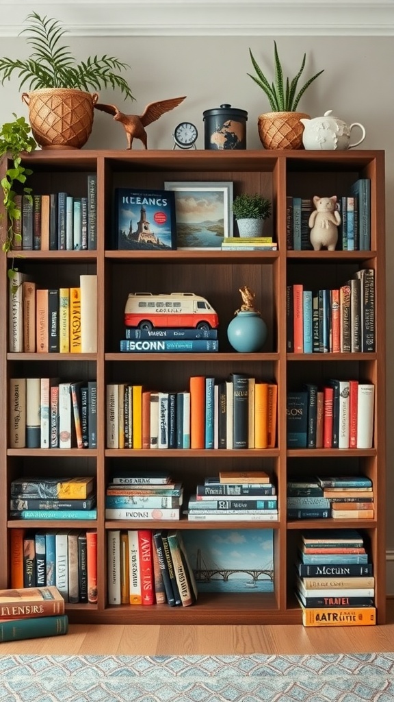 A wooden bookshelf filled with colorful books, adorned with plants and decorative items.