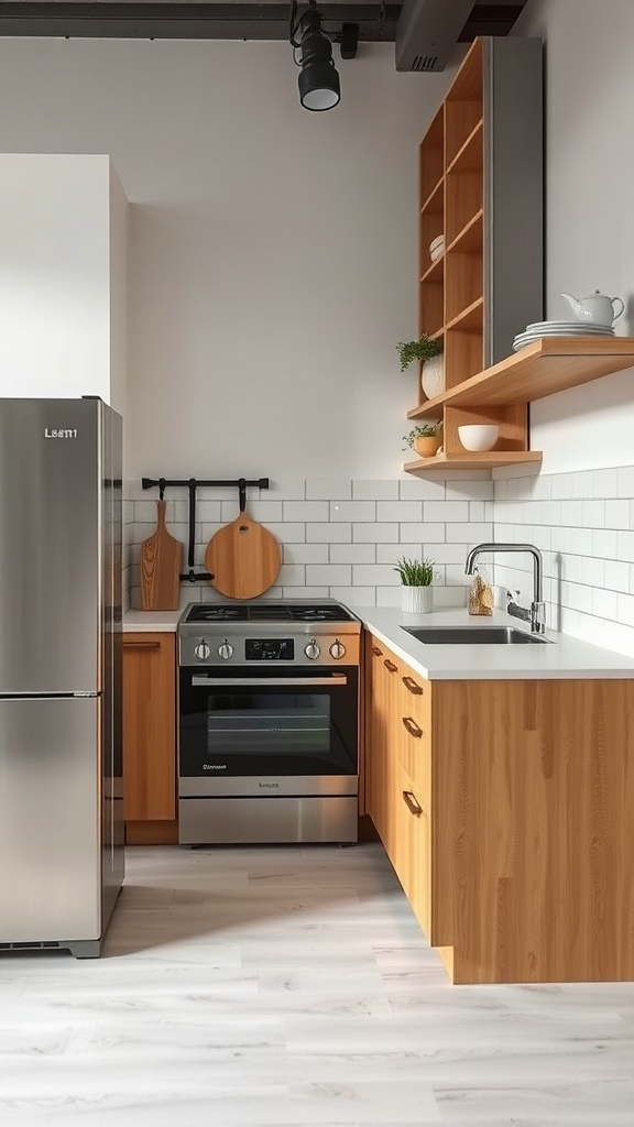 A small apartment kitchen featuring wooden cabinetry, a stove, sink, and open shelving for efficient workflow.