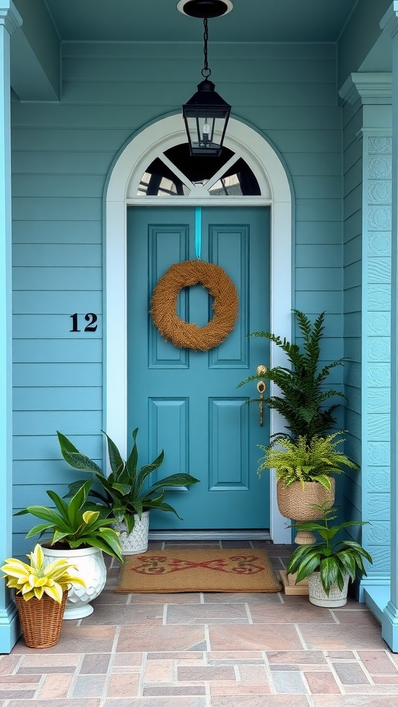 An inviting entryway painted in Tidewater SW 6479, featuring a blue door, a wreath, and green plants.