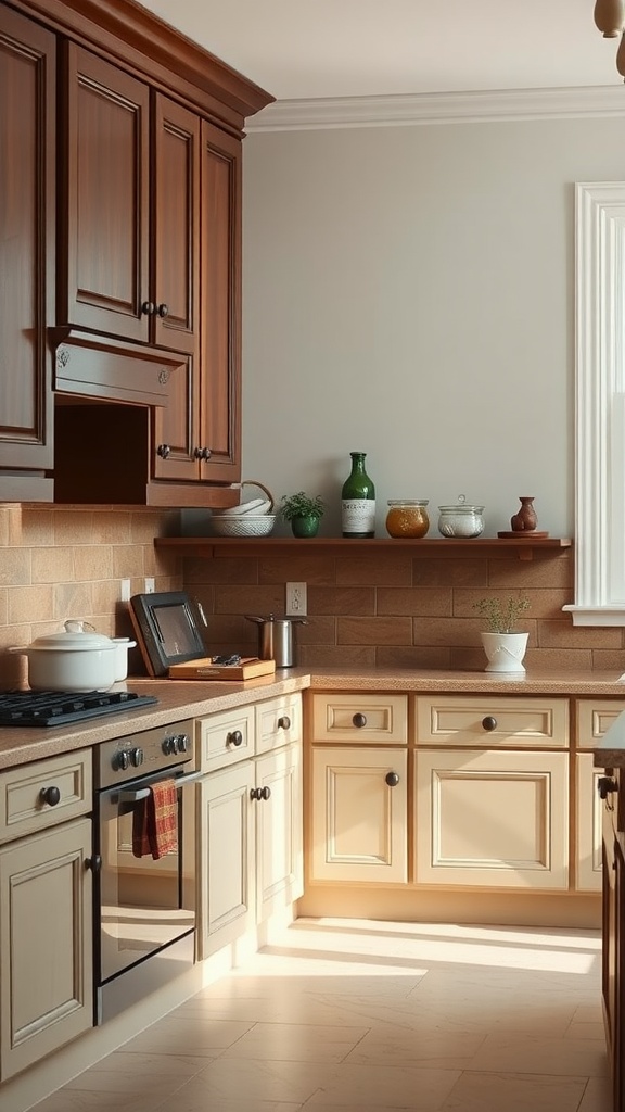 A kitchen featuring beautiful two-toned cabinets in beige and deep brown.