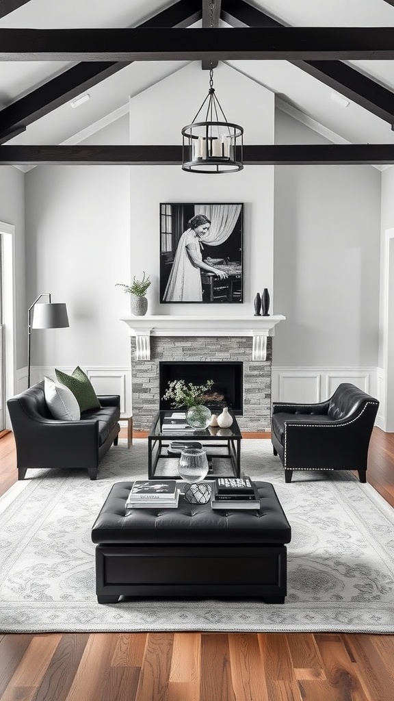 A modern farmhouse living room featuring black and white decor, with black leather furniture, a gray rug, and a stone fireplace.