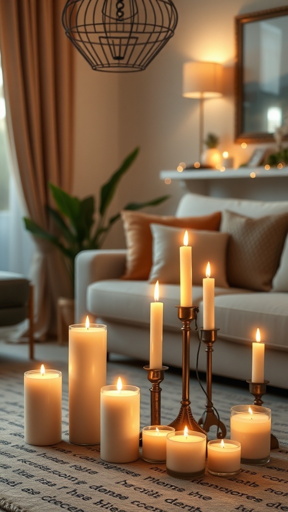 A cozy living room scene with various candles providing soft lighting.