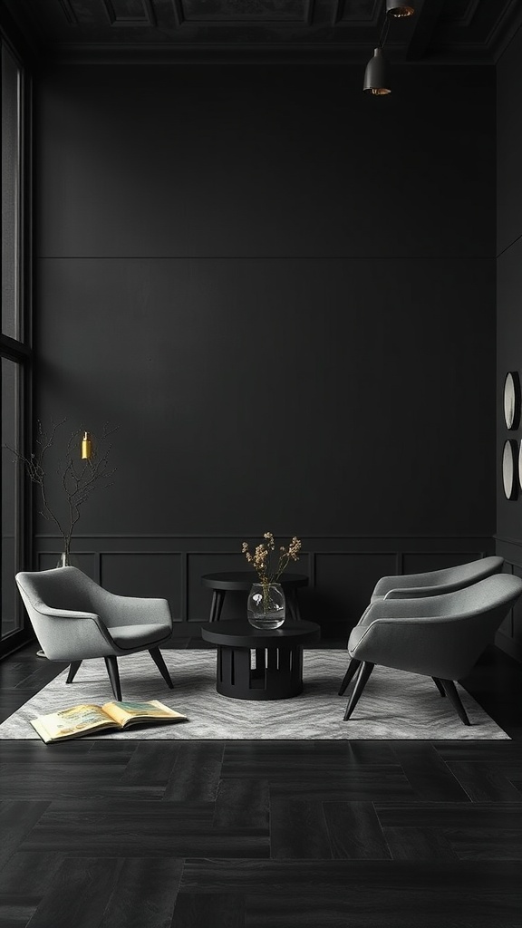 A stylish sitting area with charcoal walls, gray chairs, and a modern table, emphasizing depth and sophistication.