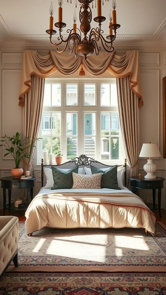 Elegant bedroom with chandelier, soft bedding, and large windows decorated with drapes.