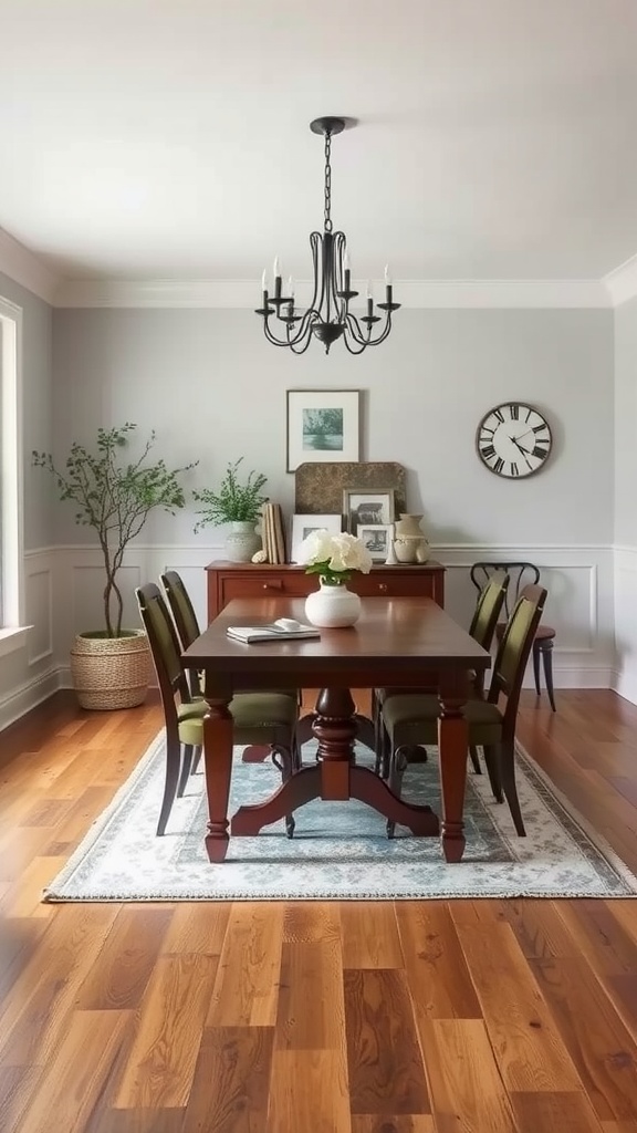 A cozy farmhouse dining room featuring a wooden table, chandelier, and greenery.