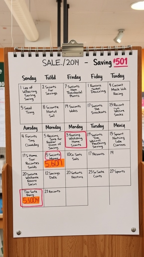 A calendar displaying various sales and discounts for home renovations, showing potential savings.