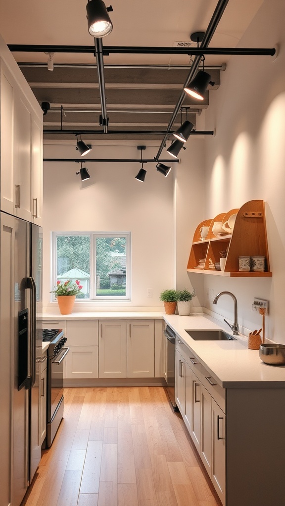 A stylish kitchen with track lighting mounted on a wooden ceiling, showcasing modern cabinetry and a window.