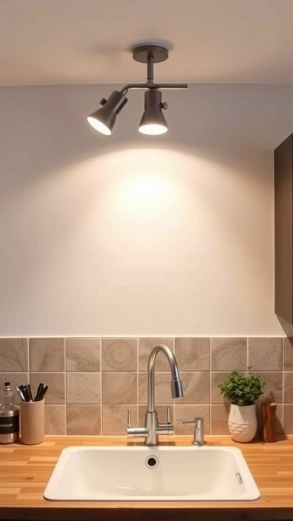 A kitchen sink with track lighting above, featuring two adjustable lights