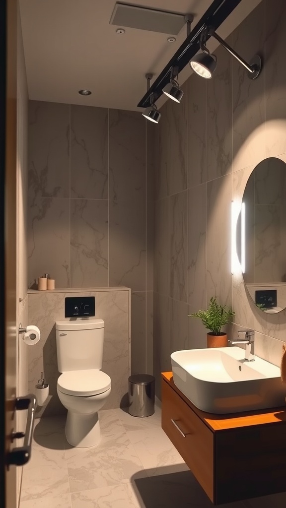 A modern bathroom featuring track lighting with adjustable focus, highlighting the sink and mirror area.