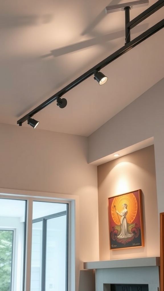 Track lighting installed on a vaulted ceiling showing adjustable fixtures highlighting a painting.