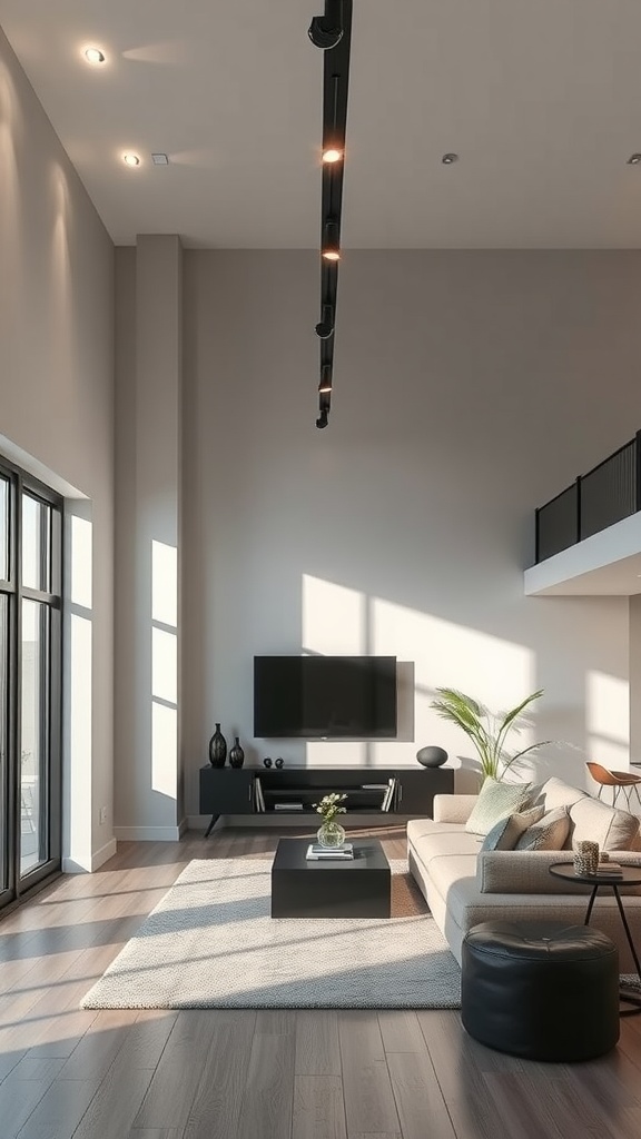 Modern living room featuring track lighting along the ceiling, showcasing a bright and inviting space.