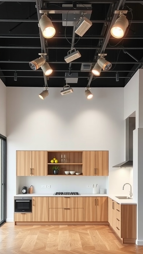 A modern kitchen with track lighting featuring adjustable spotlights on a black ceiling.