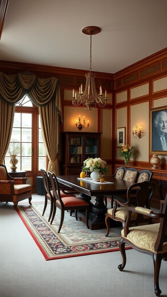 A traditional living room dining room combo featuring rich wooden furniture, a chandelier, and elegant decor.