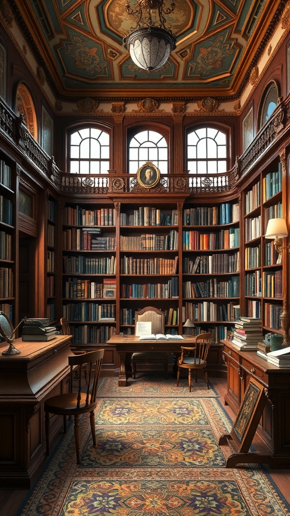 Traditional study with ornate ceiling and wooden bookshelves filled with books, wooden desk, and plush area rug.