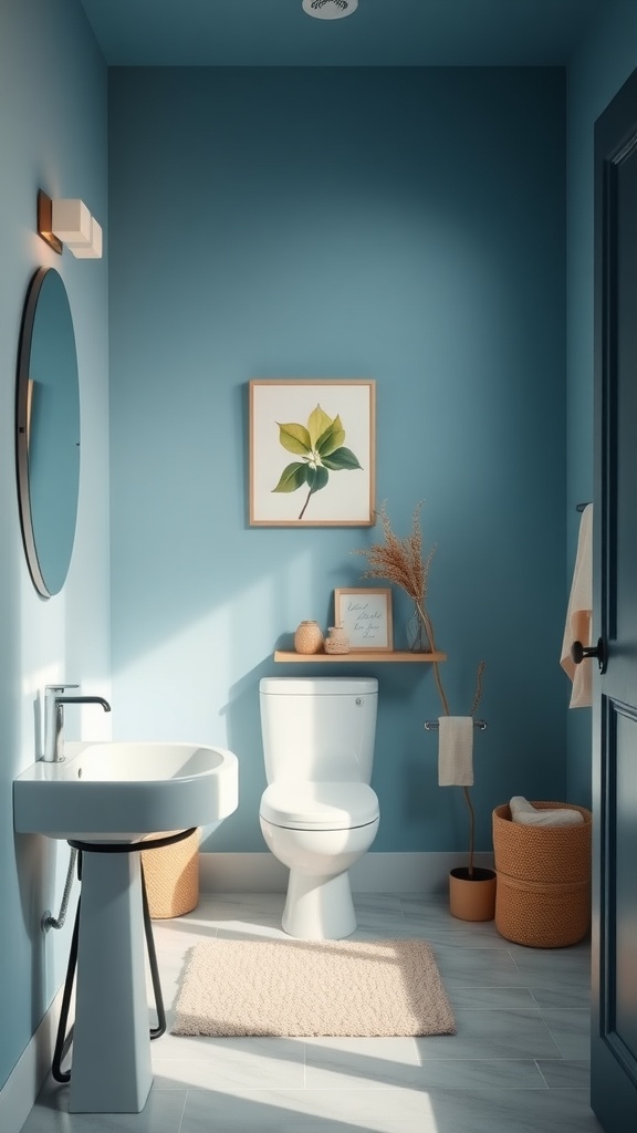 A tranquil bathroom with blue walls, sandy beige accents, and modern fixtures.