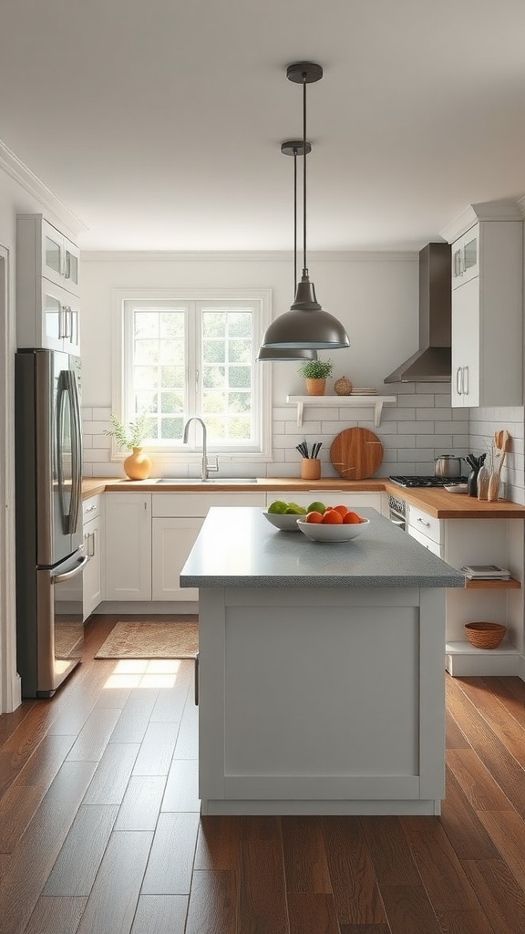 A small modern kitchen featuring a gray island with fruits, white cabinets, and natural light.