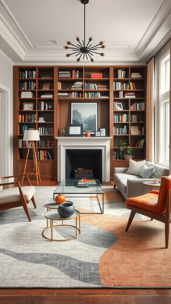 A stylish living area with a transitional rug, wooden bookshelves, and modern furniture.