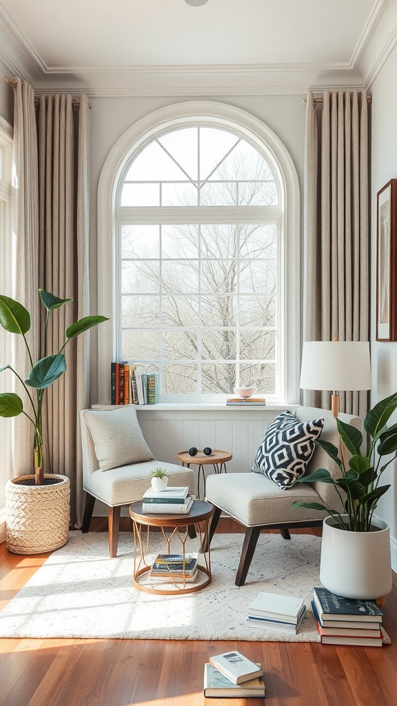 Cozy reading nook with two modern chairs, a small table, and a large window