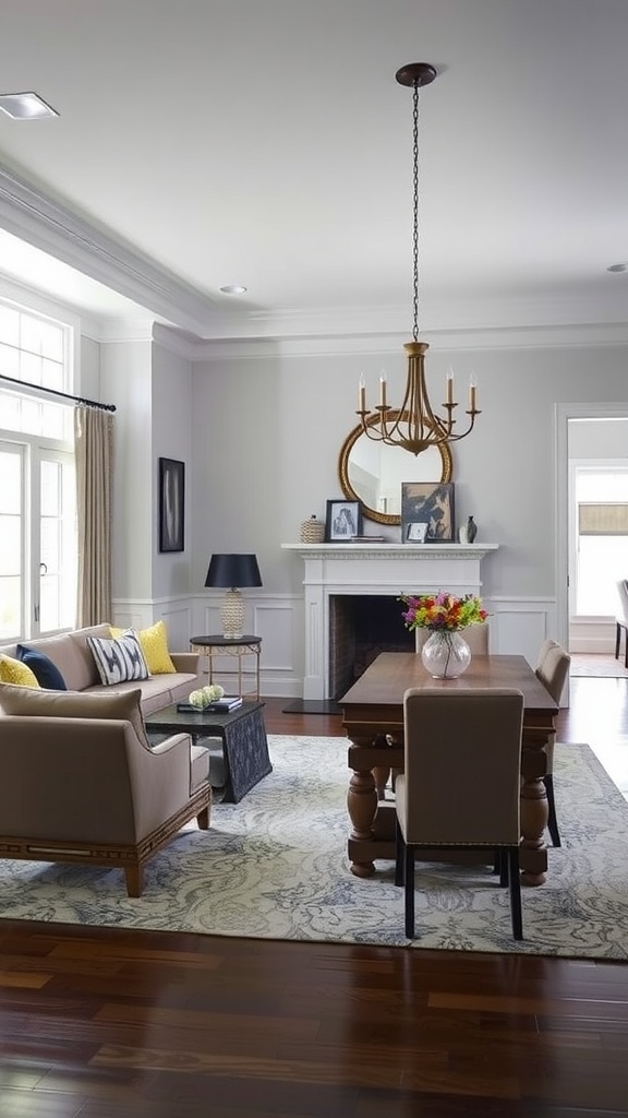 Cozy living room and dining room combo featuring transitional style with a chandelier, fireplace, and elegant furniture.