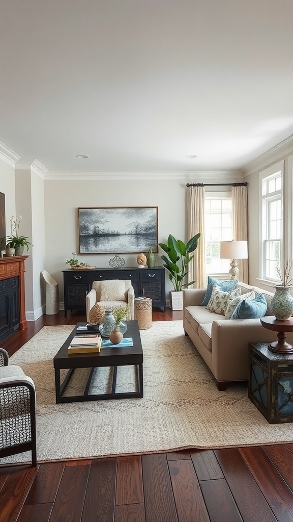 A stylish living room-dining room combo featuring a cozy sofa, accent chairs, and a coffee table, with natural light flowing in.