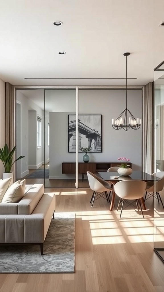 A beautifully designed living room-dining room combo featuring translucent room dividers, a cozy sofa, and an elegant dining table, creating a bright and open atmosphere.