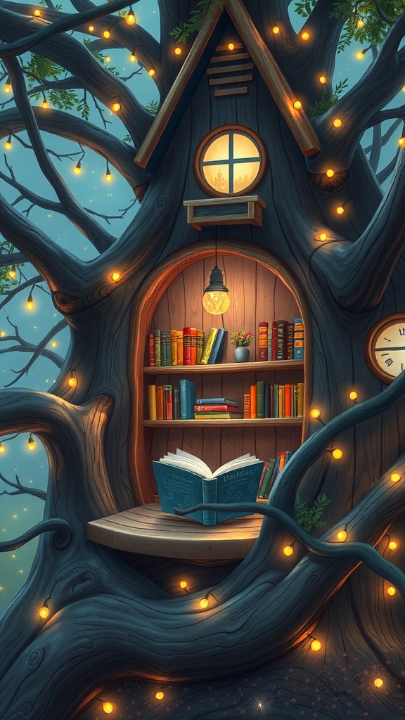 A cozy treehouse library with shelves of books, a reading nook, and soft lights.