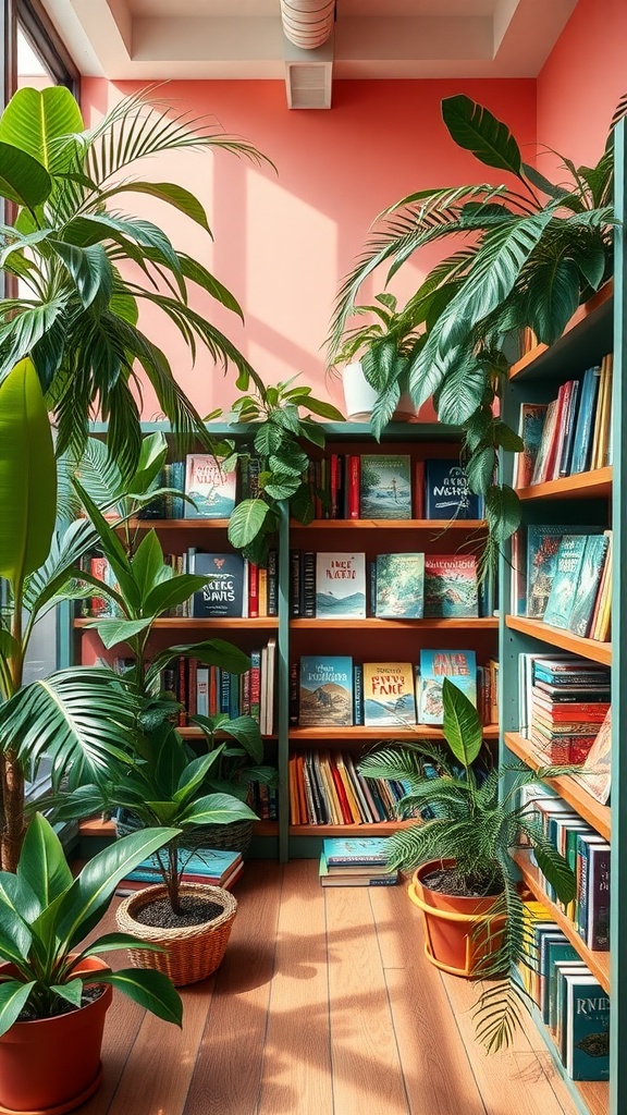 A cozy tropical-themed reading space with vibrant plants and colorful bookshelves.