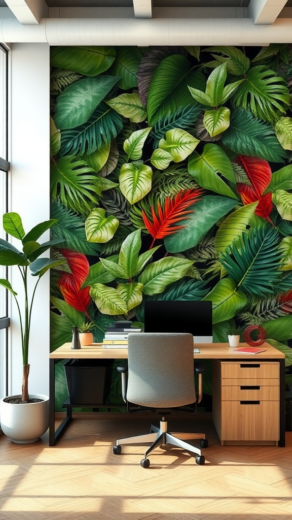 An office with a tropical leaves accent wall, featuring a desk and a plant.