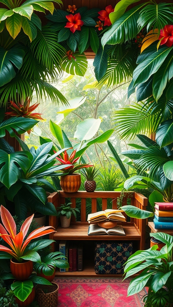 A cozy reading nook surrounded by tropical plants with a wooden bench and an open book.