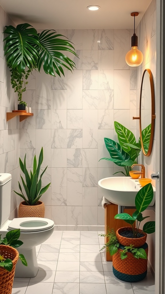 A bright bathroom featuring marble tiles and lush green plants in decorative pots.