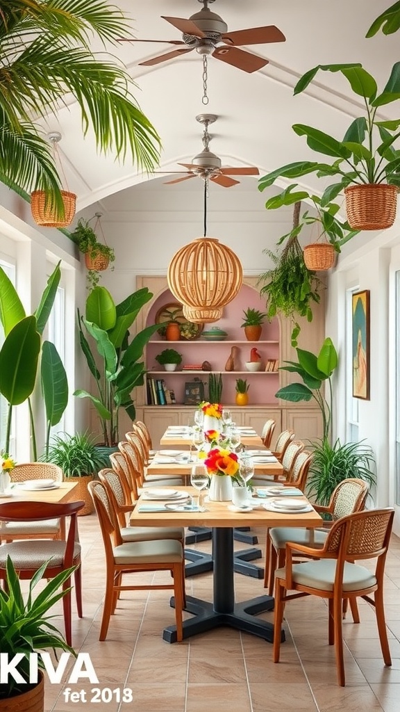 Chic dining room with tropical plants, wooden table, and stylish decor