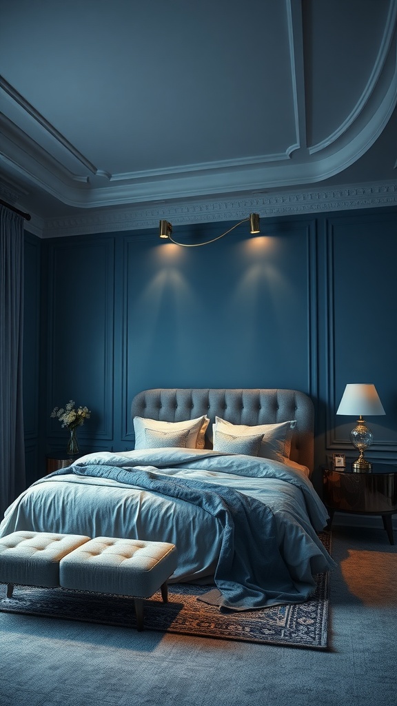 A stylish bedroom featuring Twilight Blue walls, elegant bedding, and warm lighting.