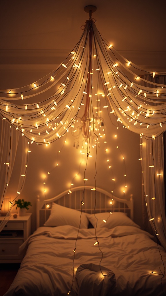 A bedroom with draped fabric and fairy lights creating a cozy atmosphere.