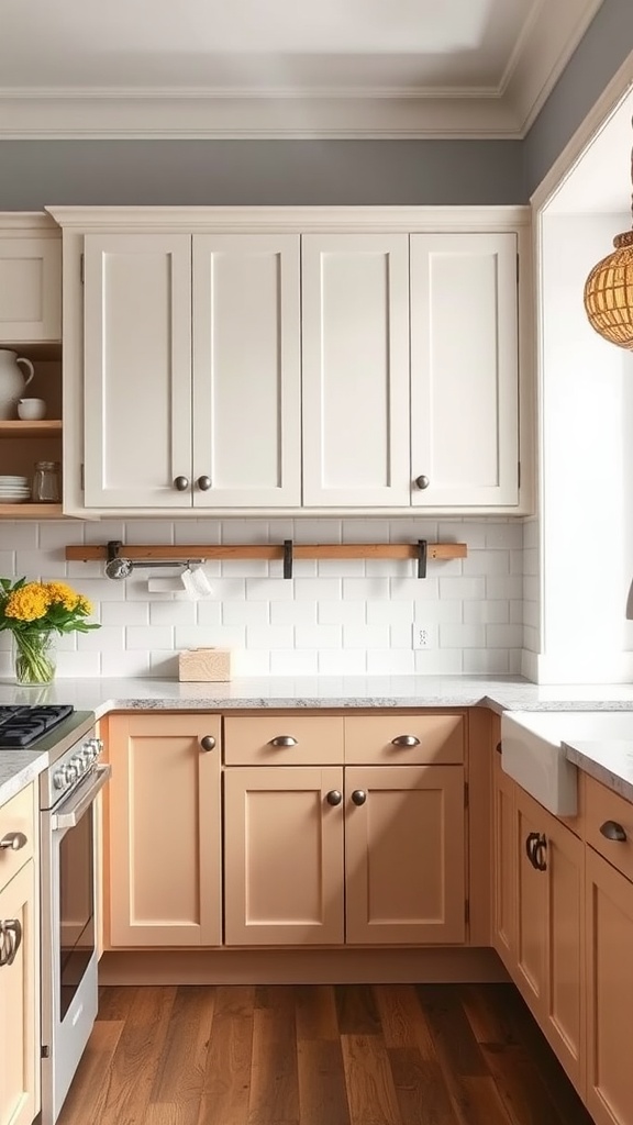 Two-tone kitchen cabinets showing cream upper and peach lower cabinets in a farmhouse style kitchen.
