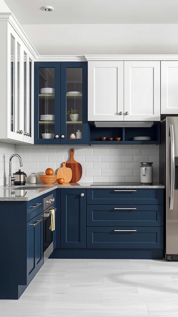 A modern kitchen featuring two-tone cabinets in navy blue and white, with a sleek design and stylish decor.