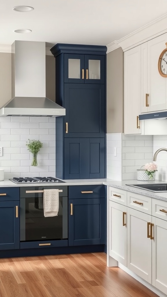 Two-tone kitchen cabinet design with navy blue upper cabinets and white lower cabinets, featuring gold hardware.