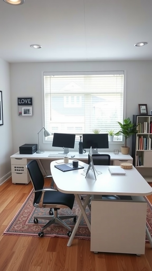 U-shaped desk configuration in a small home office with two workstations facing each other, bright natural light, and stylish decor.