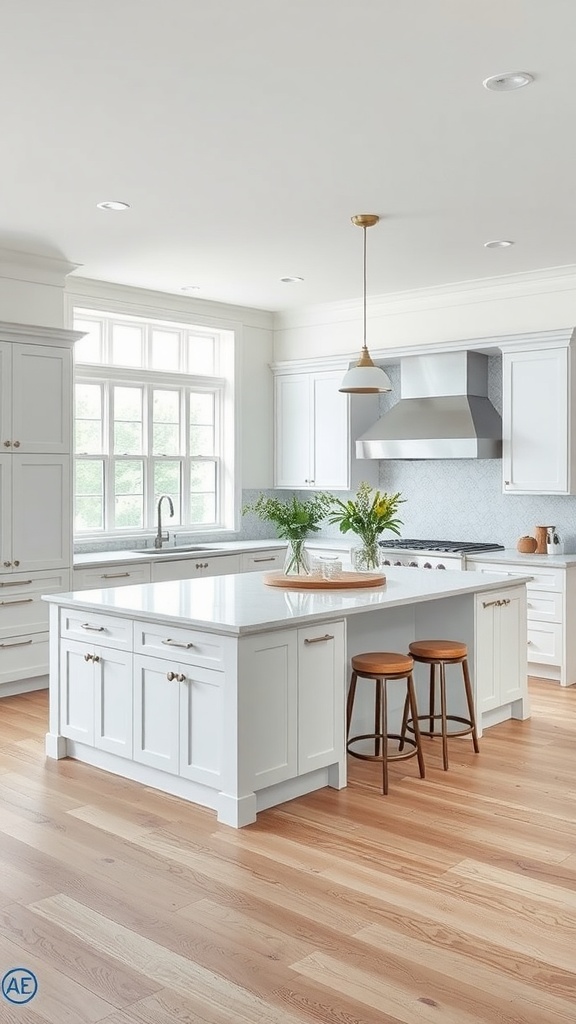 U-shaped kitchen island with white cabinetry and wooden stools