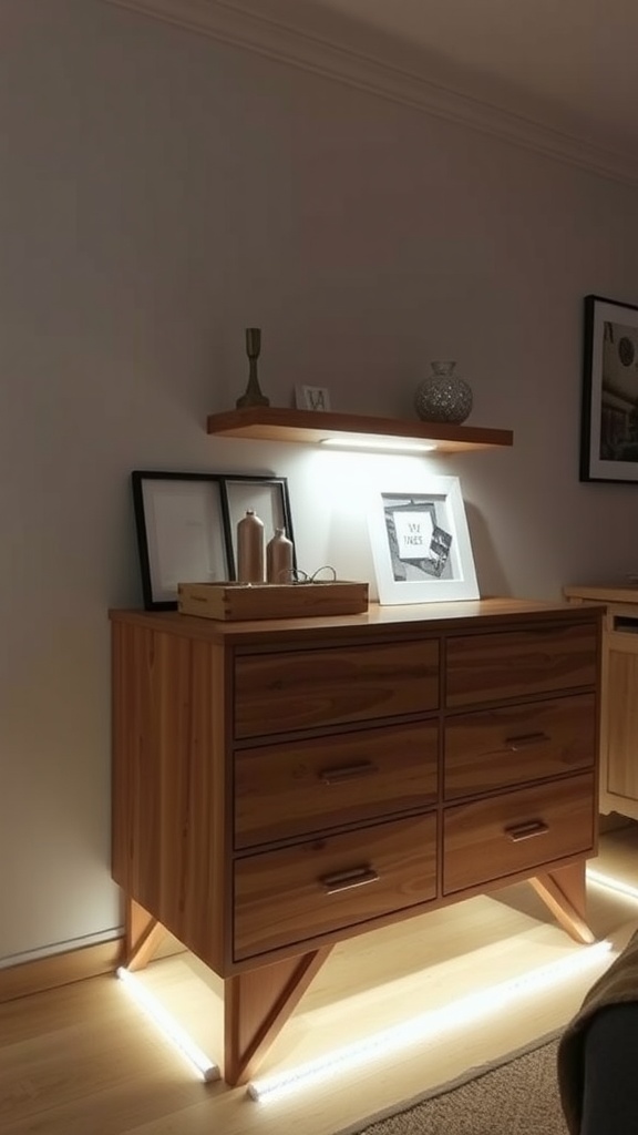 A wooden dresser with under-cabinet LED lighting illuminating the floor beneath it.