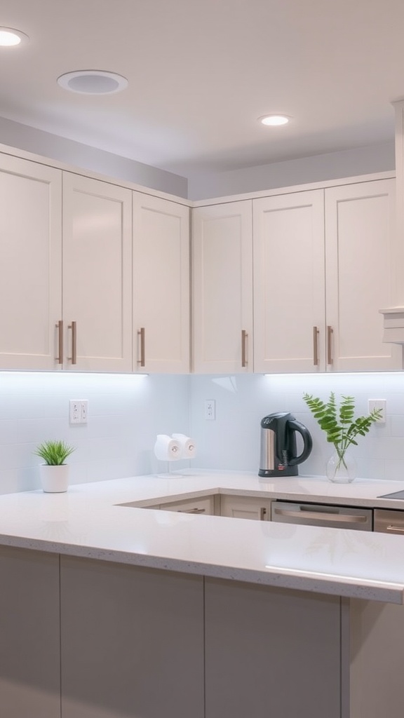 A modern kitchen featuring white cabinets with under-cabinet LED strip lighting, showcasing bright countertops