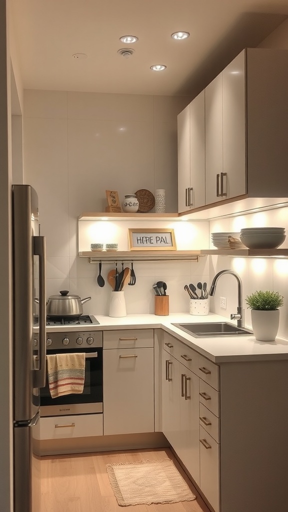 A small kitchen with under-cabinet lighting showcasing a warm and inviting atmosphere.