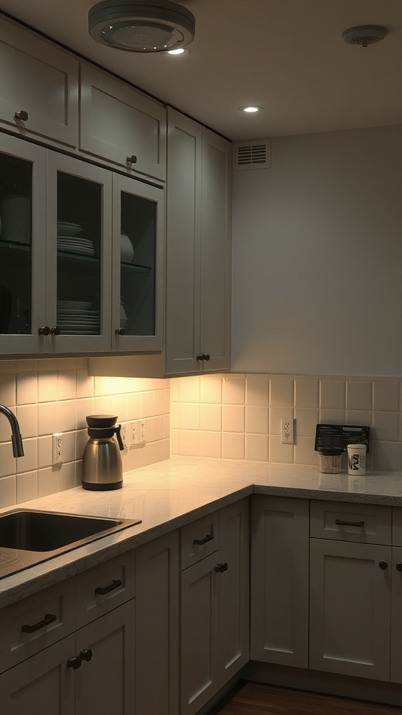 A kitchen with under-cabinet lighting illuminating the countertops and cabinets.