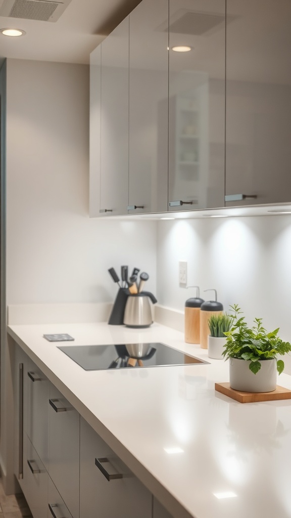 Modern kitchen with sleek cabinets and under-cabinet lighting illuminating the countertop.