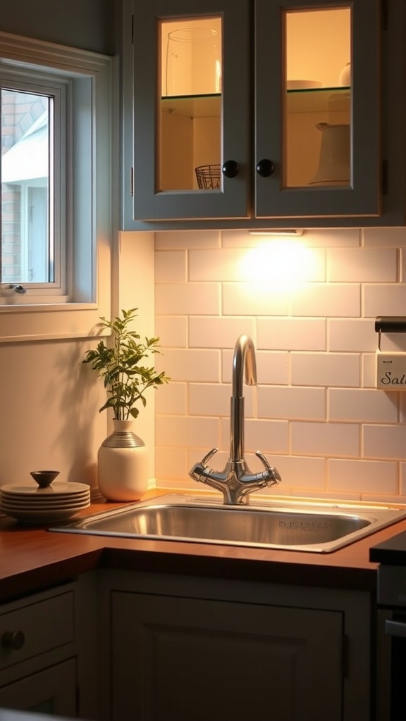 A cozy kitchen sink area with warm under-cabinet lighting, showcasing modern cabinets and a potted plant.