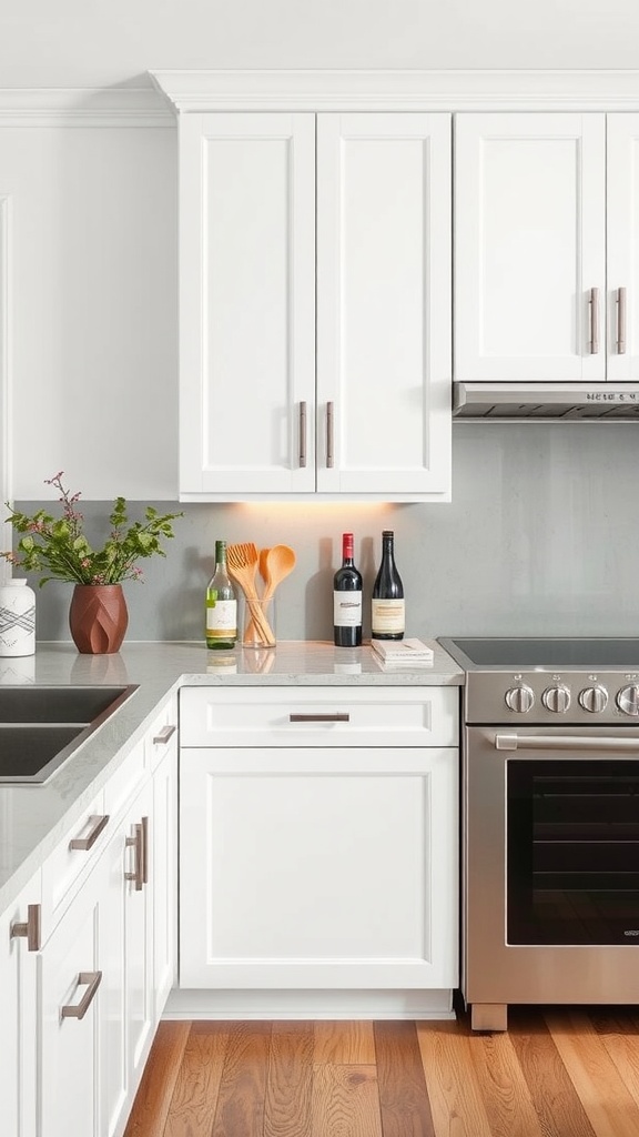 Stylish kitchen featuring an under-cabinet wine rack with white cabinets and bottles of wine.