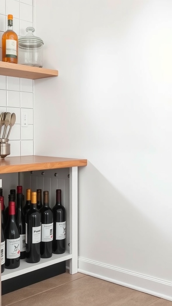 Under-counter wine storage with wooden countertop and neatly arranged wine bottles
