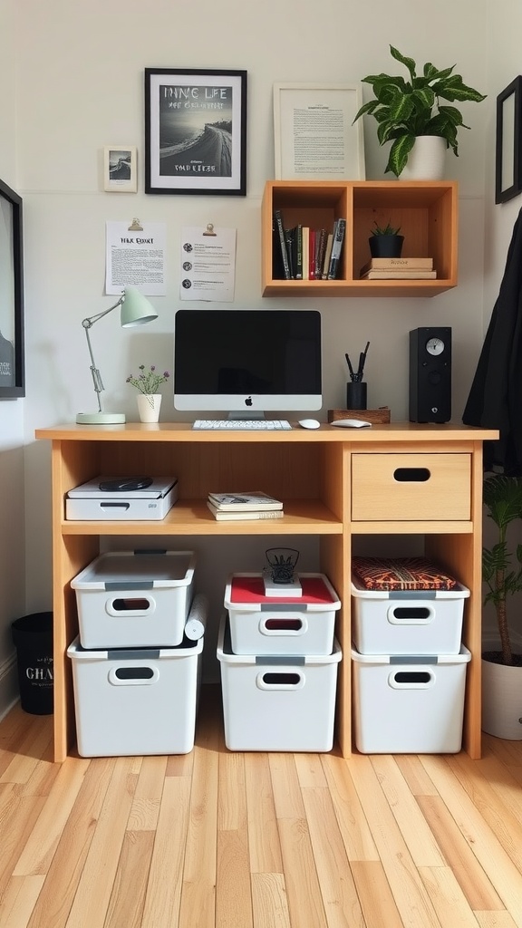 A tidy small home office with a wooden desk, computer, storage bins, and decorative elements.