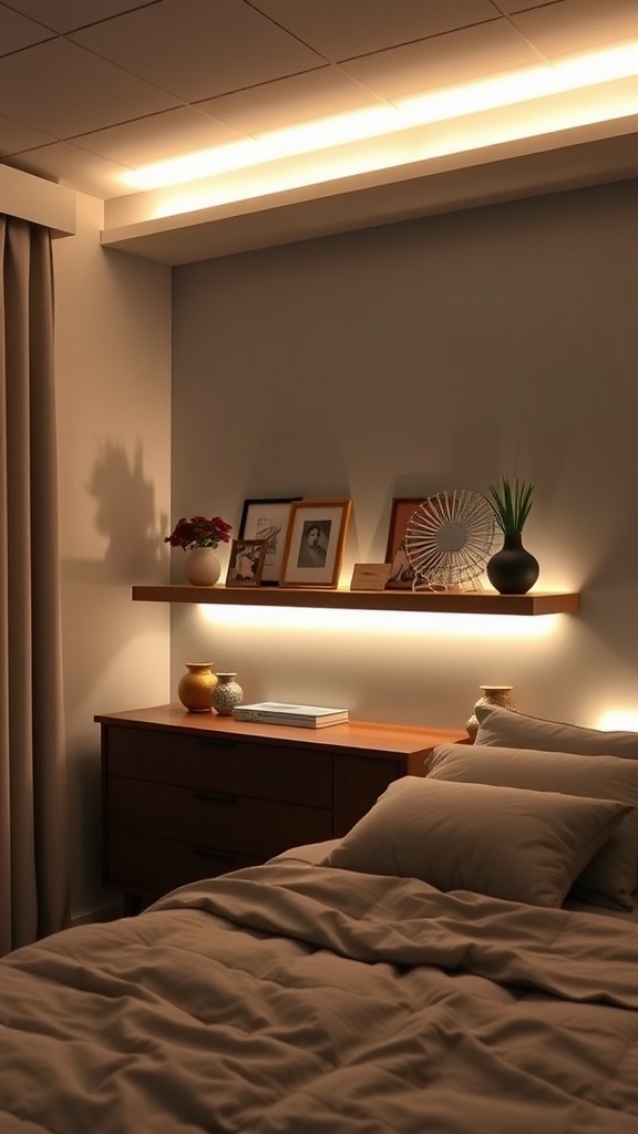 A cozy bedroom with under-shelf LED lighting illuminating a wooden shelf displaying decorative items