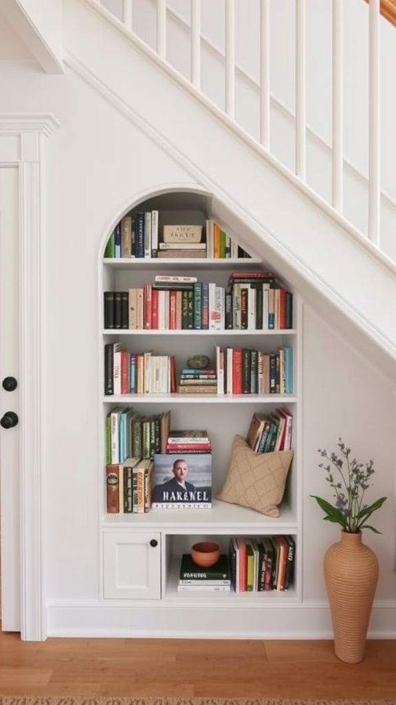 A stylish bookcase built under a staircase with neatly arranged books and a cozy cushion.