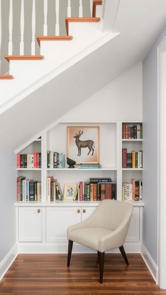 Cozy under-stair nook with shelves filled with books and a comfortable chair